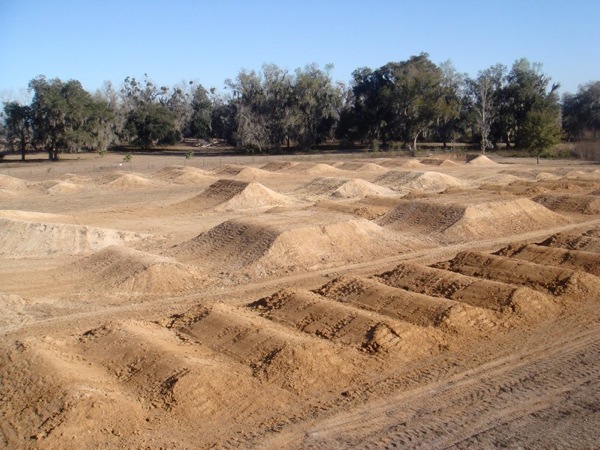 A dirt bike track with trees in the background.